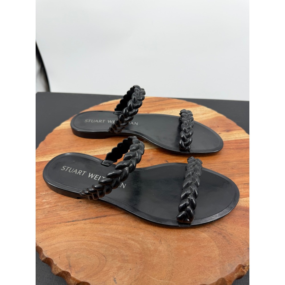 Stuart Weitzman Braida Sawyer Jelly Sandals sz 7 Black Braided Double Strap Flat